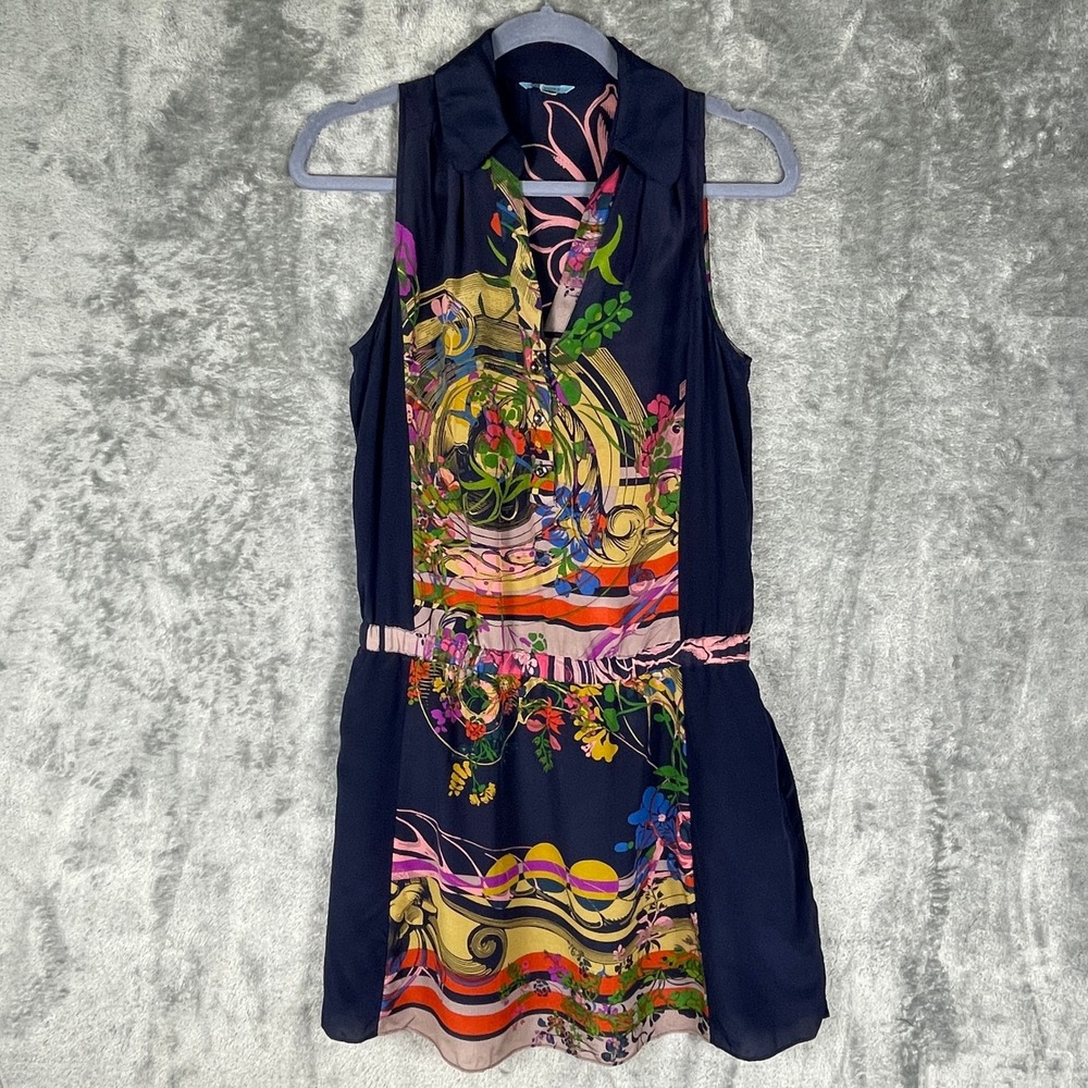 Leifnotes Anthro Silk Mini Dress Women Sz 0‎ Navy Blue Floral Drop Waist Pocket
